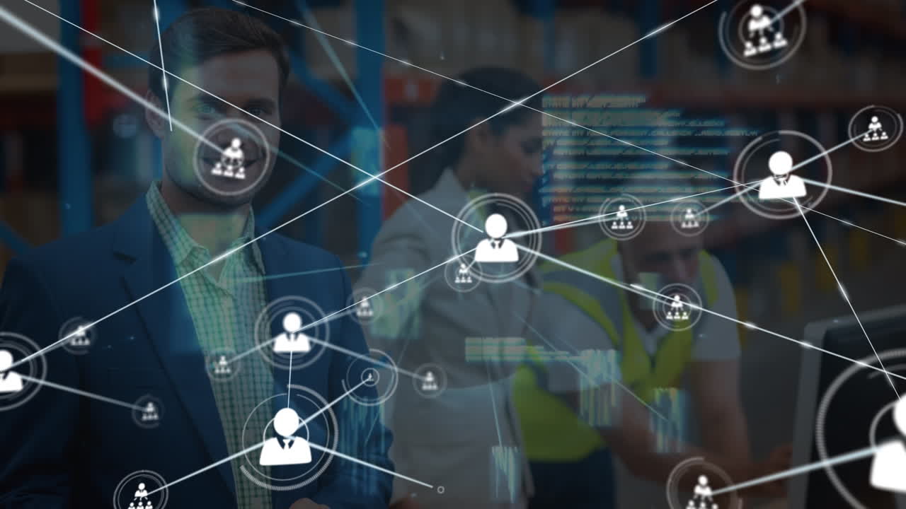 animación de iconos de perfil que conectan puntos, gerente caucásico con colegas en el almacén