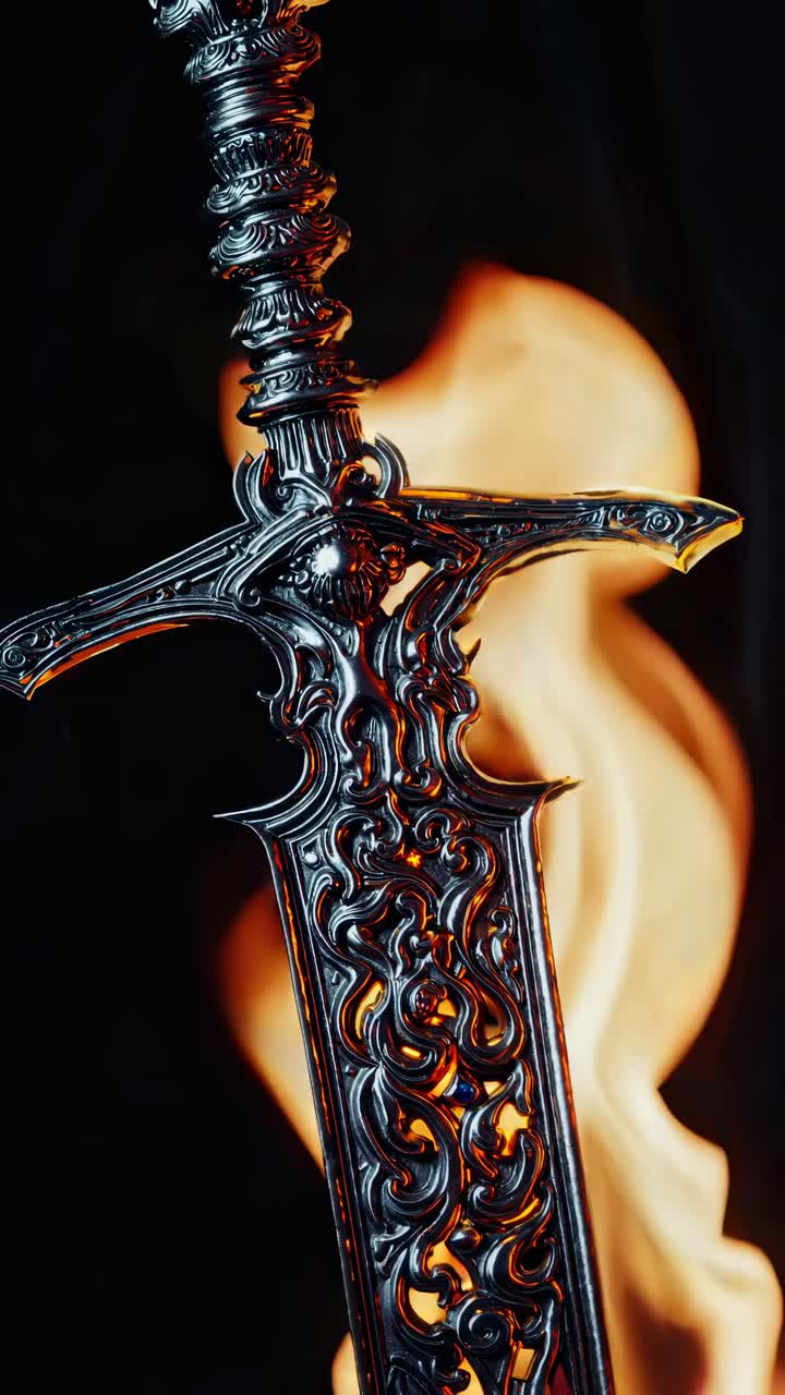 Close-up de uma espada ornamentada com chamas ao fundo, capturada de um ângulo baixo