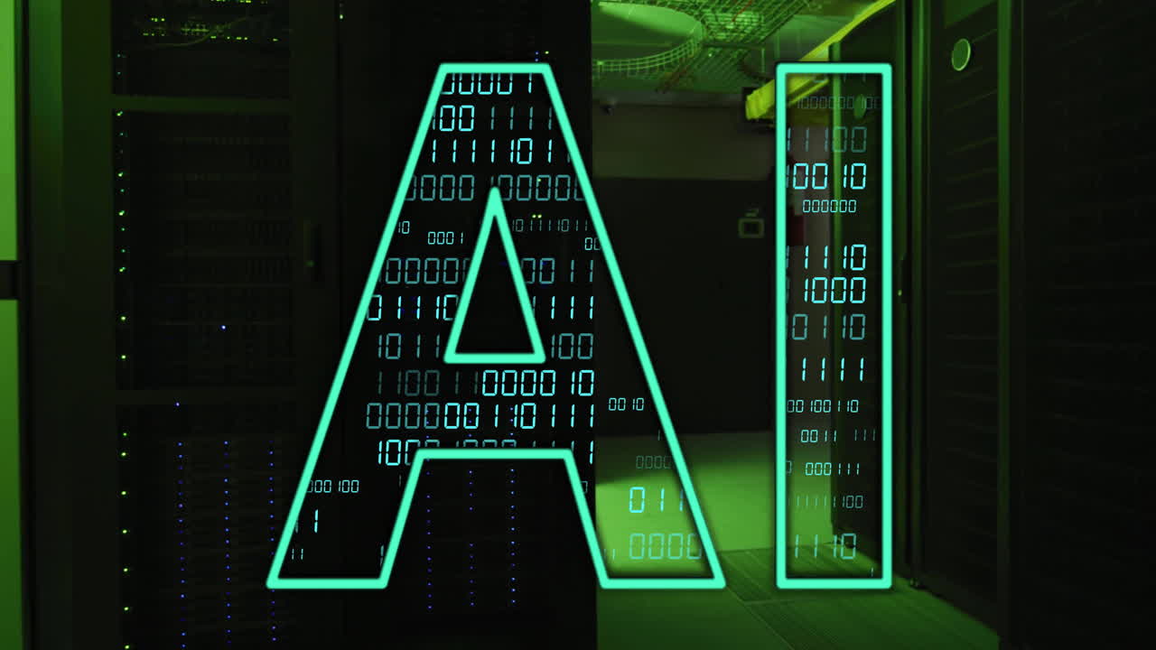 AI text animation over binary code and server room background