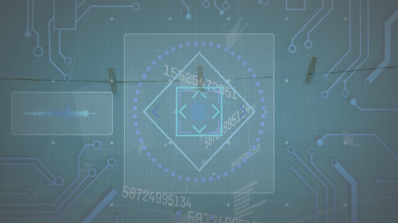 회색 배경 위에 디지털 인터페이스와 프로세싱 소켓의 애니메이션