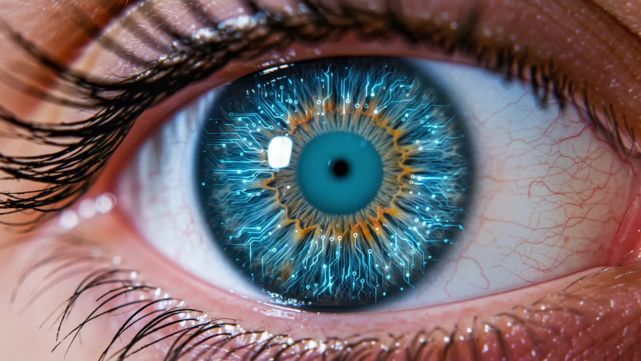 A Close-Up Perspective of an Intricately Detailed Eye with Electric Blue Patterns, Capturing the Mystique of Human Vision and the Beauty of Optical Structures
