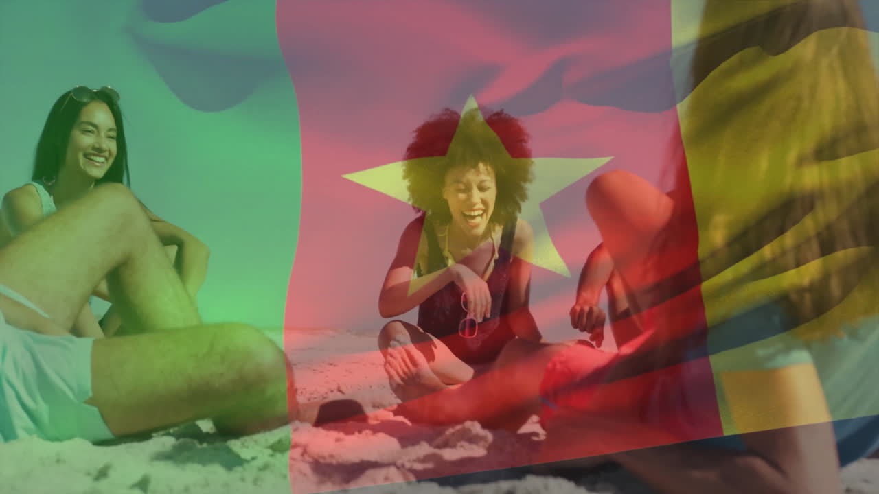 Relaxing on beach, group of friends with Cameroon flag animation overlay