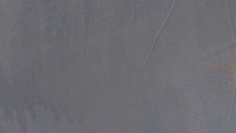 above view of a man running across the sandy seacoast. aerial topdown shot