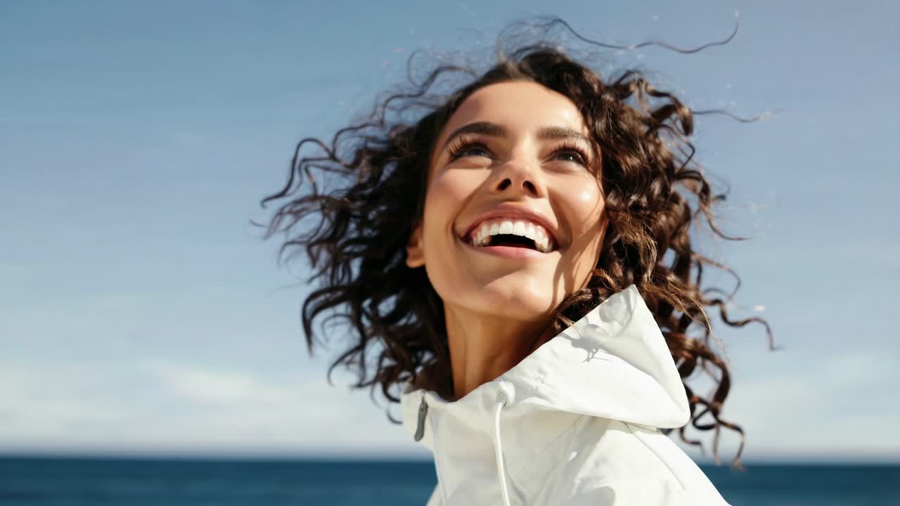 A joyful woman with curly hair smiles at the sky by the sea. Captured in a low-angle shot, the video