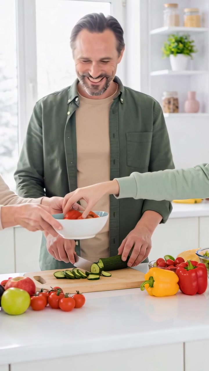 Video verticale: Inizio, uomo con maglietta color oliva che prepara un'insalata di cetrioli su un'isola da cucina, con un assistente che aiuta.