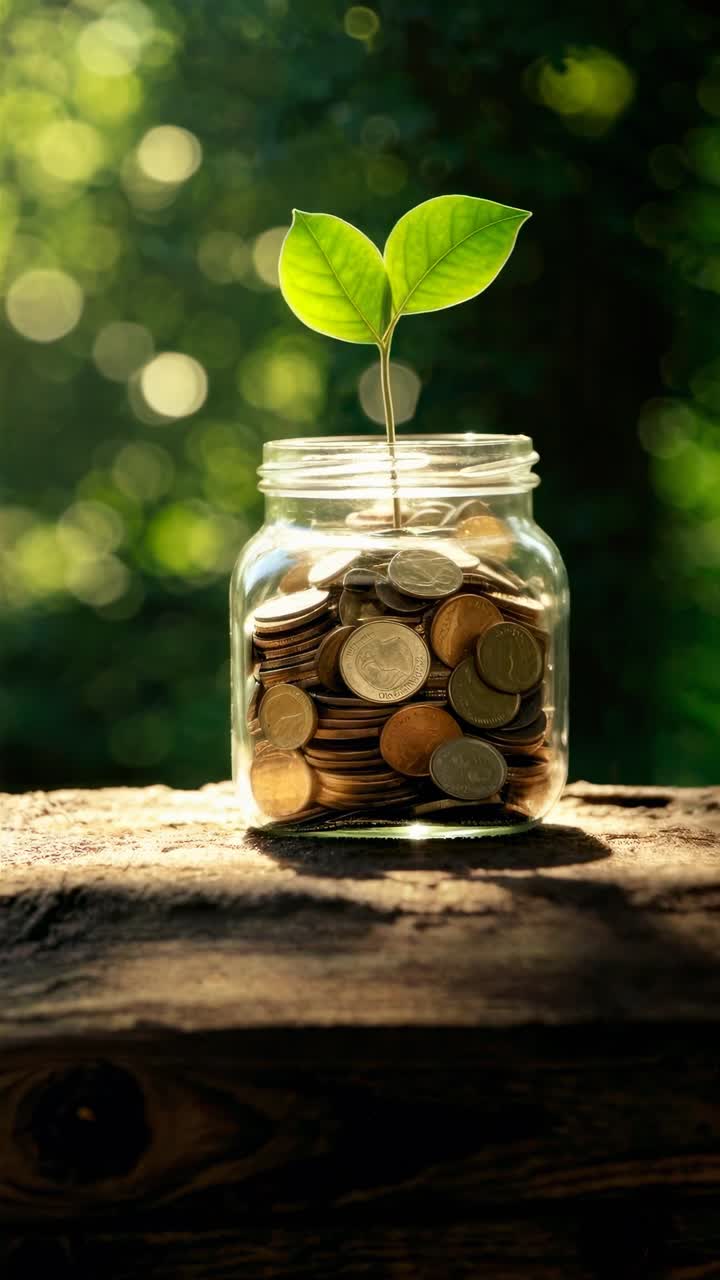 A close-up shot of a jar filled with coins and a sprouting plant, symbolizing growth and investment