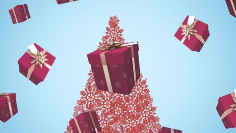 animation of christmas tree over presents falling