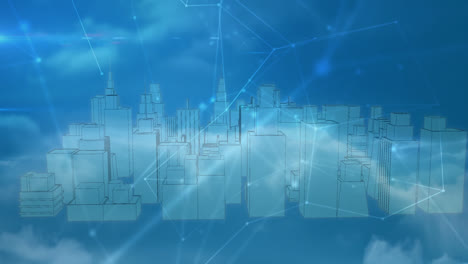 animation of network of connections and data processing over 3d cityscape drawing