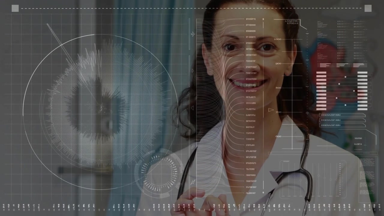 Video vertical: Doctor tocando una tableta, activando HUD, sosteniendo un estetoscopio y revisando datos del paciente