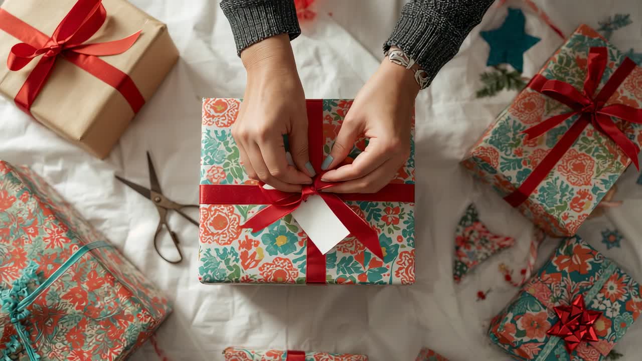 Appearing hands wearing grey sleeves tying red ribbon on floral gift on quilted cloth, adding tag