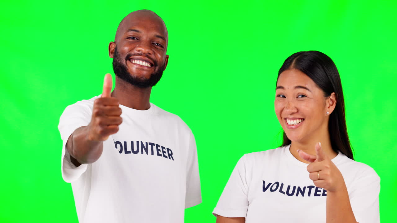Thumbs up, volunteer and face of people on green