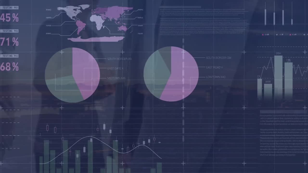 Animation of financial data processing over group of business people