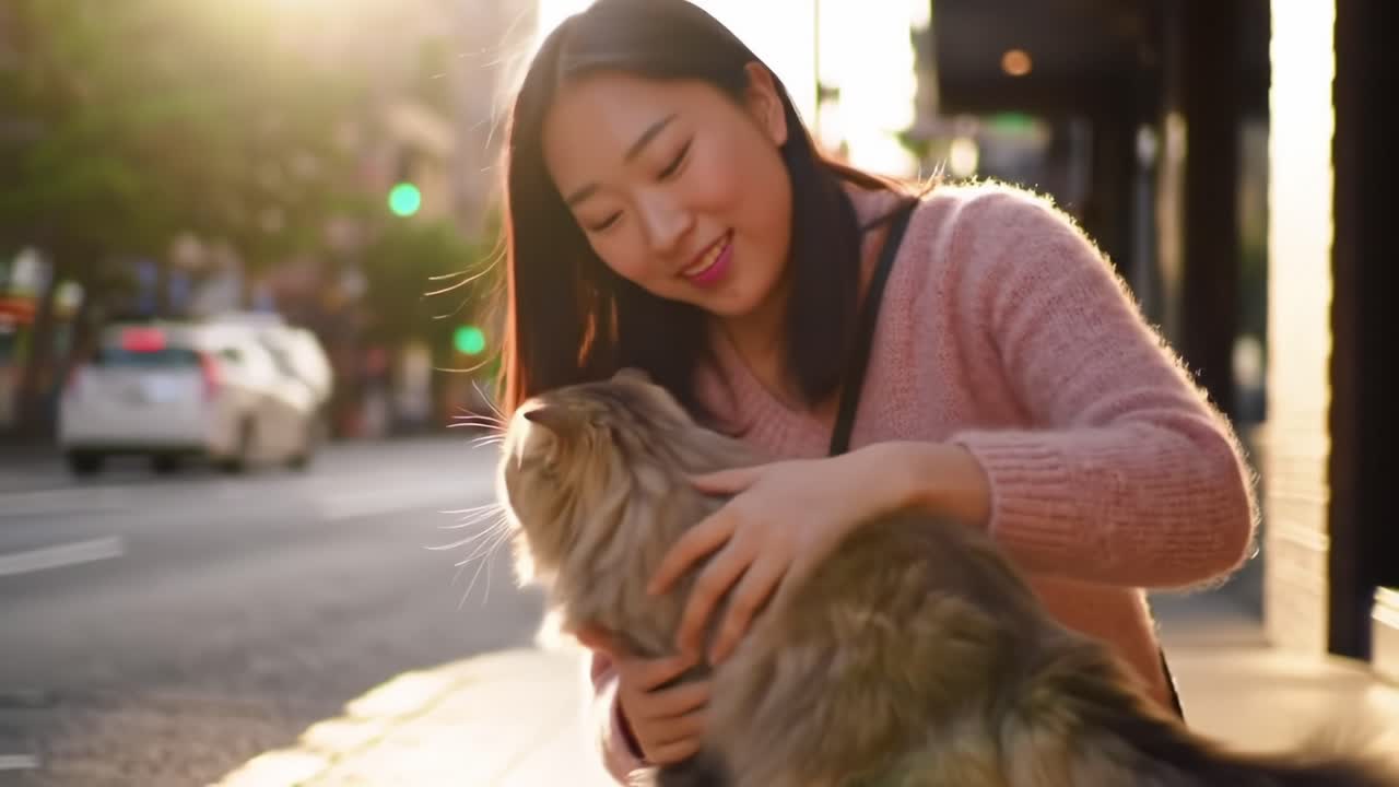 A Heartwarming Moment: A Young Woman Bonds with Her Adorable Cat on a Sunlit Street, Capturing the Joy of Feline Companionship in a Vibrant Urban Setting