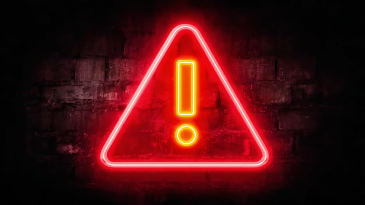 A striking neon warning symbol glows against a dark, textured wall, highlighting caution and alertness through vibrant colors and stark contrasts in a visually arresting scene
