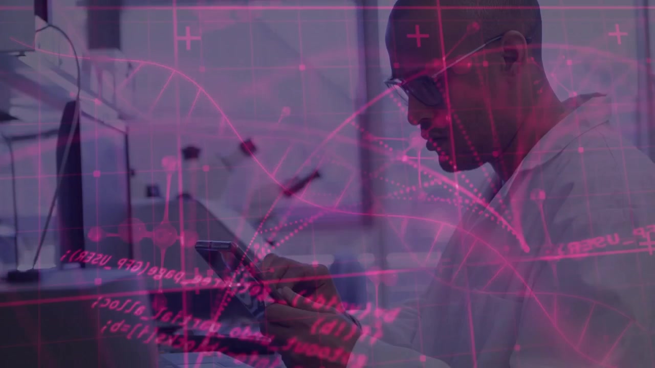 Scientist in Lab Coat Using Tablet with Digital Data Overlay