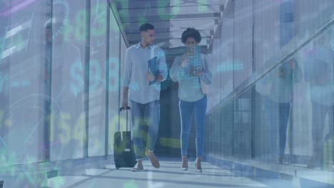 Animation-of-trading-board-over-multiracial-coworkers-discussing-while-walking-at-airport