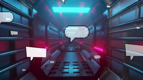 Animation-of-message-boxes-and-lens-flares-over-futuristic-tunnel-in-background