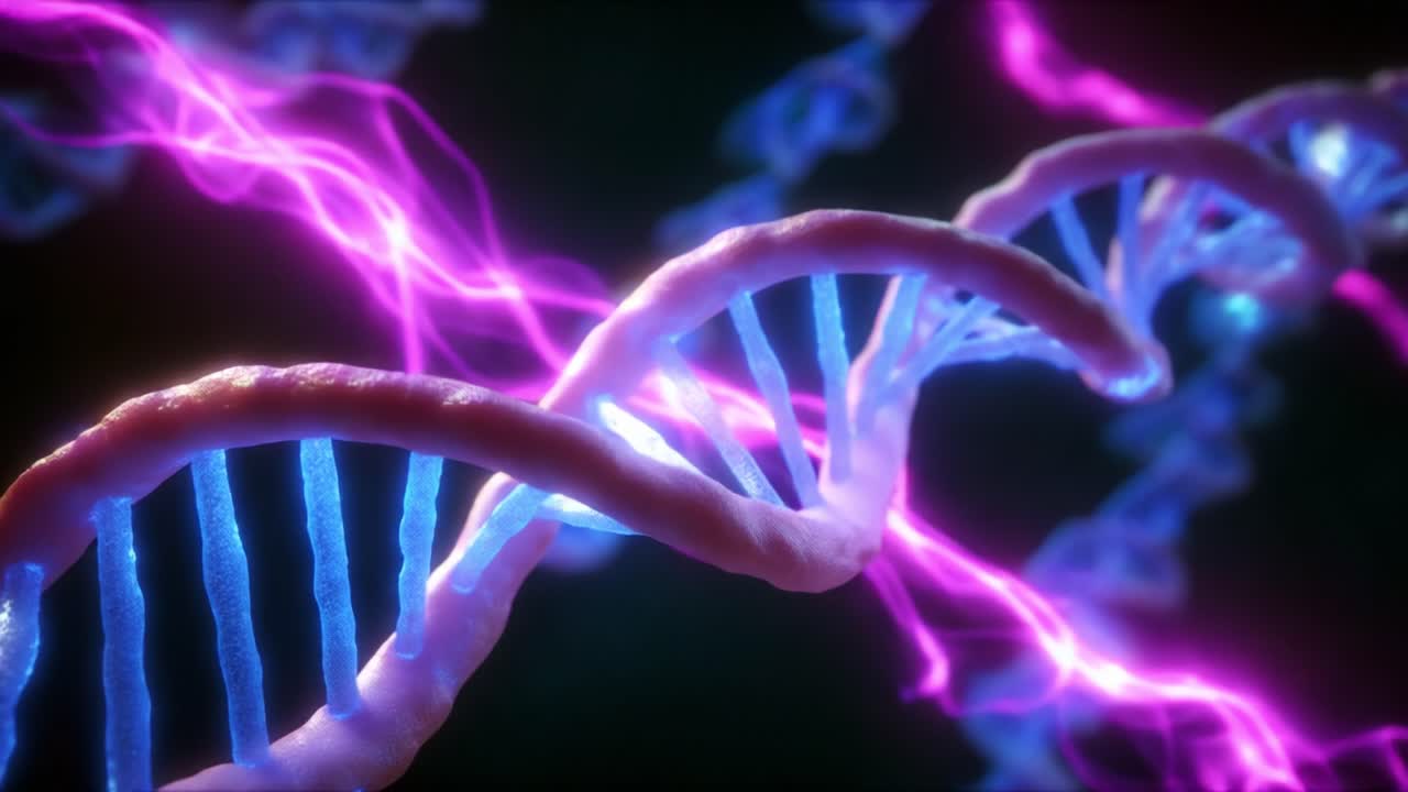 Exploring the Intricacies of DNA: A Stunning Visualization of Genetic Structures Illuminated with Vibrant Colors and Energetic Waves, Affording Insight into the Molecular Foundations of Life