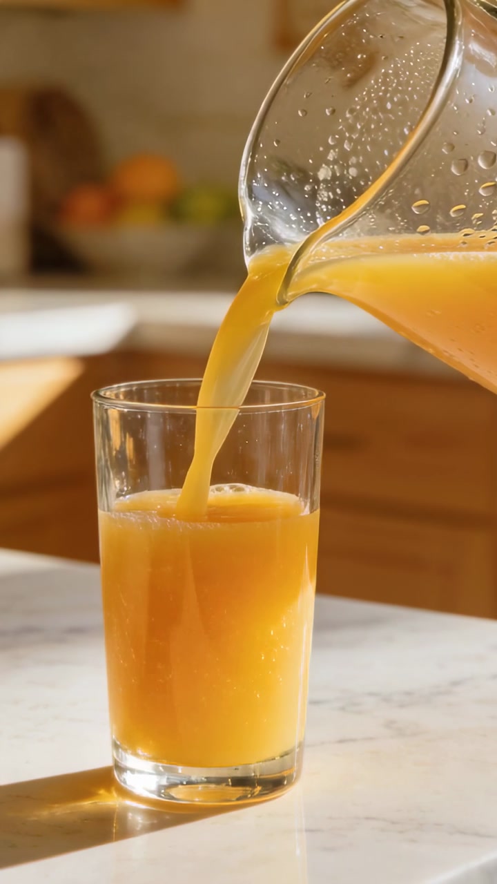 Vertical video: Tilting pitcher pouring orange juice into tumbler on marble top, filling for drink
