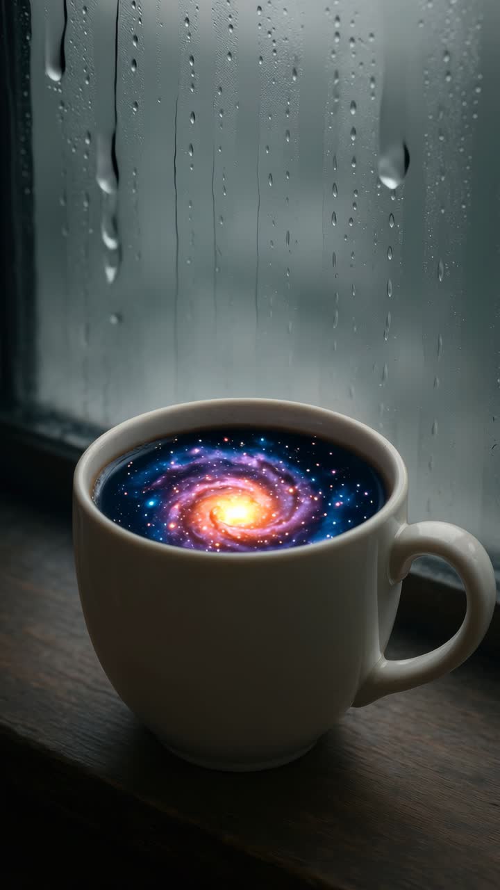A surreal video concept with a galaxy in a coffee cup, shot from a side angle