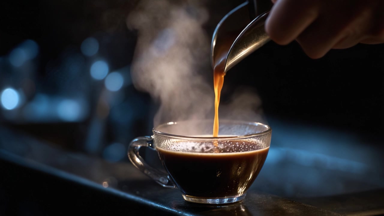 Et fokuseret øjeblik, der indfanger den rige, dampende hældning af friskbrygget kaffe i en klar kop, hvilket fremhæver dybden og aromaen af denne elskede drik