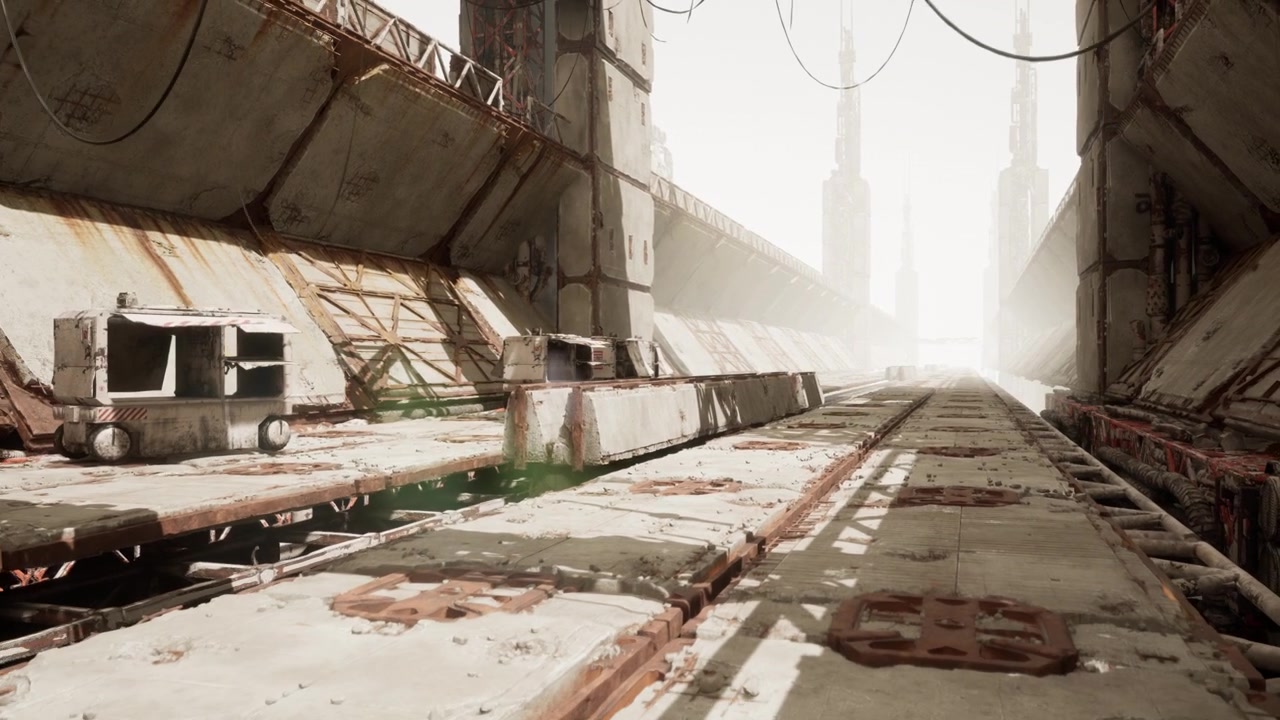Desolate industrial scene abandoned factory with rusted tracks and shadows