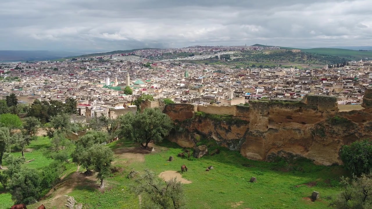 Flygfoto med drönare över täta Fez Medina som reser sig över historiska klippor och grönt landskap i Marocko, perfekt för resedokumentärer och kulturprojekt.