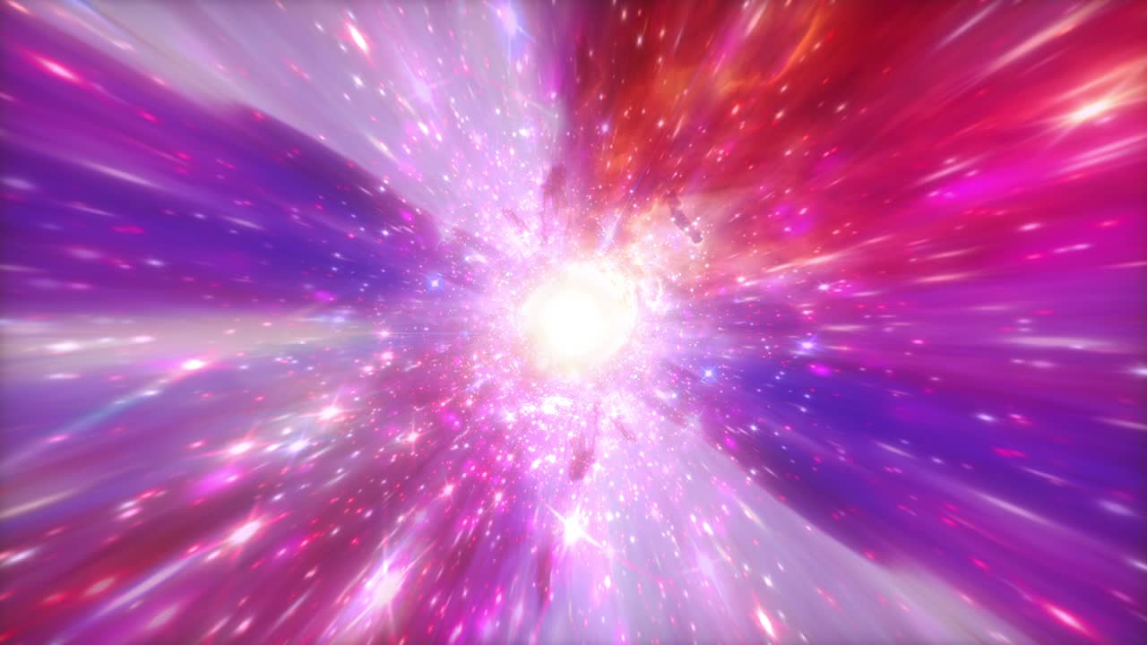 Colorful hyperspace light speed space flight through space time wormhole tunnel. Abstract bright red pink purple flowing energy vortex. 4K 3D Loop Sci-Fi interstellar space travel background concept.