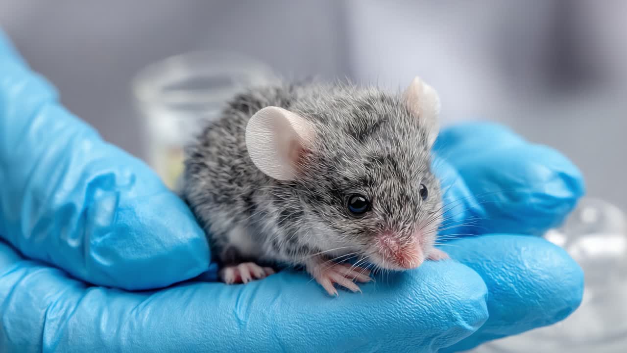 Primo piano di un topolino tenuto delicatamente in una mano guantata, che mostra i tratti delicati e i motivi del pelo, evidenziando l'importanza della cura degli animali nella ricerca