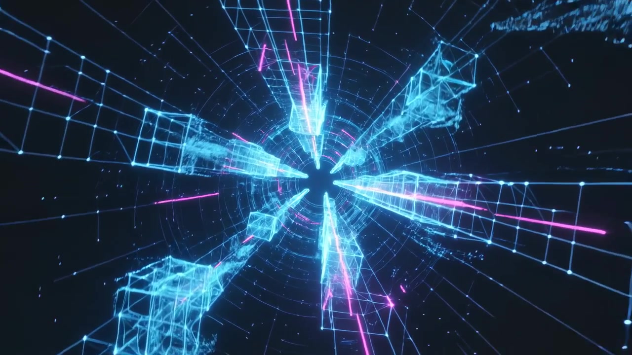 Starting playback, holo grid rotating toward central core, visualizing data flow with cyan columns