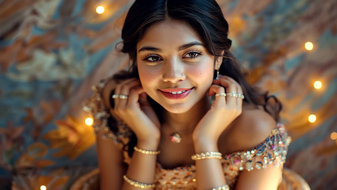 Lächelnde indische Frau richtet Ohrringe und Anhänger nach dem Kamera-Cue in einem schulterfreien Kleid; Bokeh