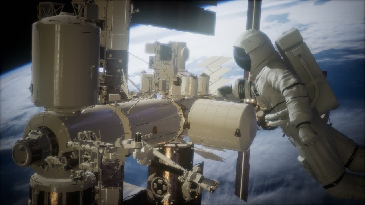 Stazione Spaziale Internazionale e astronauta nello spazio sopra il pianeta Terra