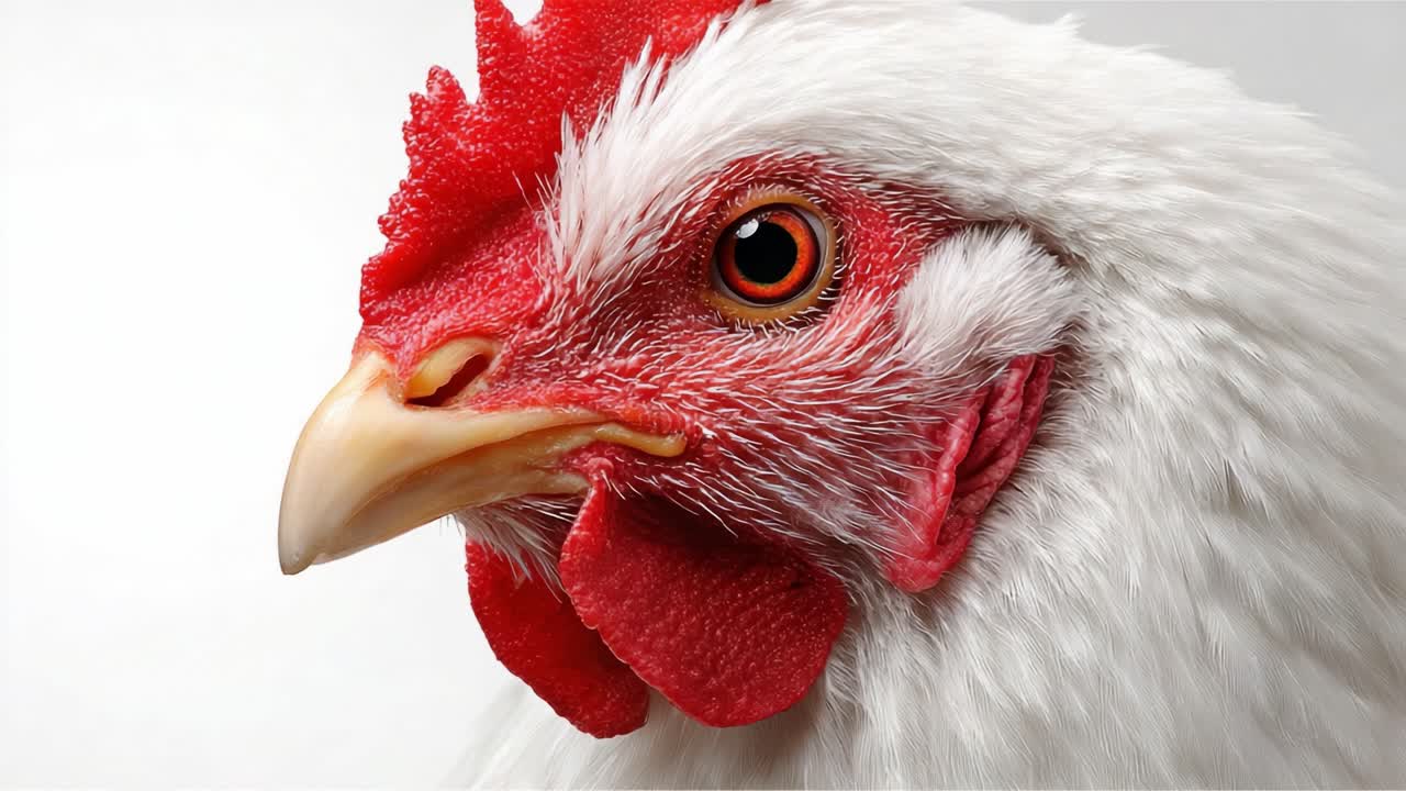 Primer plano de una majestuosa gallina blanca con vibrantes características faciales rojas capturada en dos fotogramas, mostrando sus características y detalles únicos.