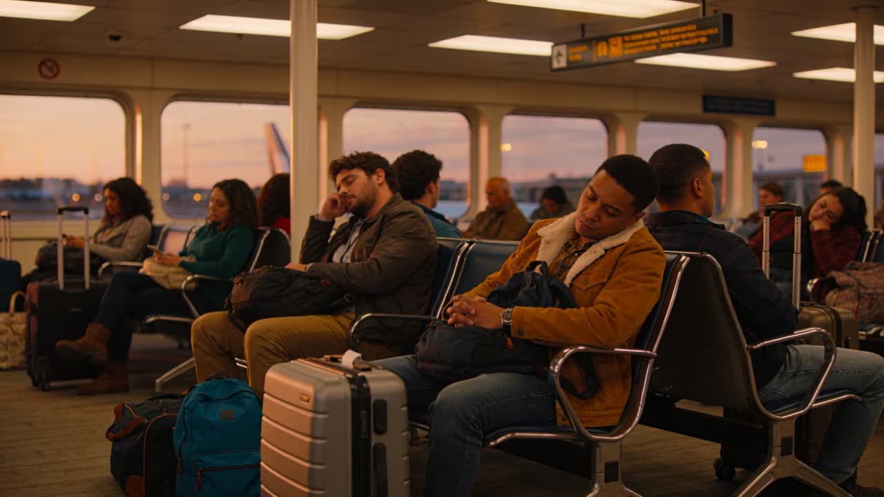 Hombre con chaqueta color camel esperando el vuelo, sosteniendo una mochila, bostezando y apoyando la cabeza en ella, con espacio para texto.