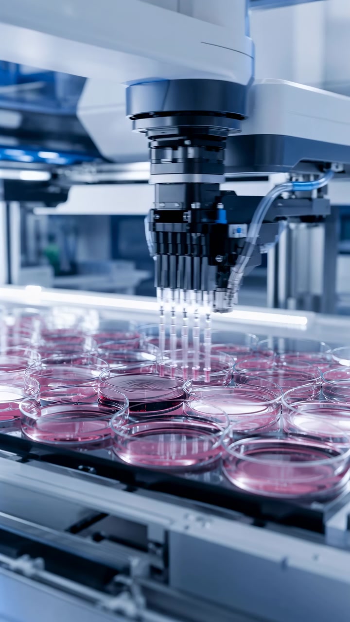 Multi channel robotic pipetting head lowered over clear petri dish grid, aligned pipette tips dispensing pink culture medium with visible droplets, sterile biotech research bench under cool light