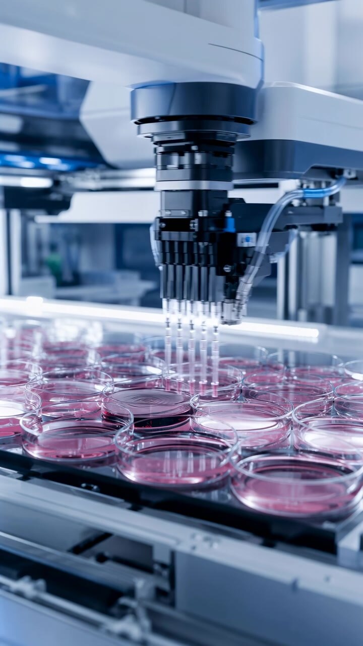Multi channel robotic pipetting head lowered over clear petri dish grid, aligned pipette tips dispensing pink culture medium with visible droplets, sterile biotech research bench under cool light