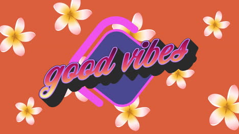 animación digital de texto de buenas vibraciones contra múltiples flores en un fondo naranja
