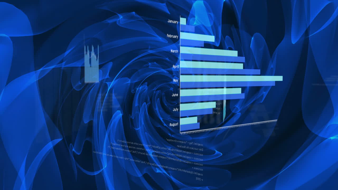 animación del procesamiento de datos y diagramas sobre formas azules