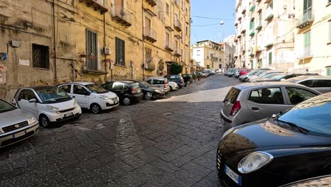 cobblestone street with parked cars and buildings