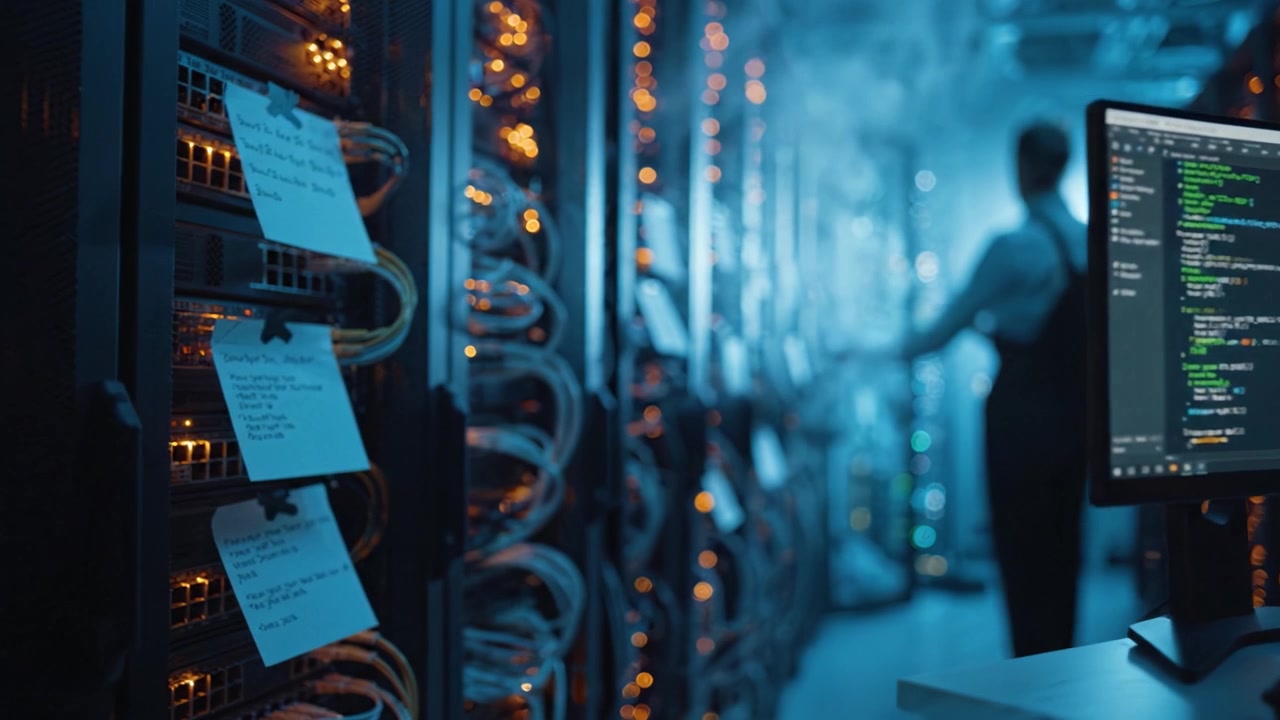 A high-tech data center scene showcasing programming on a monitor alongside illuminated server racks and network cables, highlighting modern technology and infrastructure.