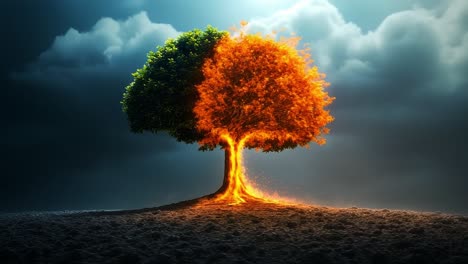 burning tree in a dramatic landscape. a striking tree displays leaves of vibrant orange and green, and flames dance around its base in a dark, moody setting.