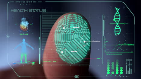 escáner de huellas dactilares médico futurista que recopila información que muestra hologramas