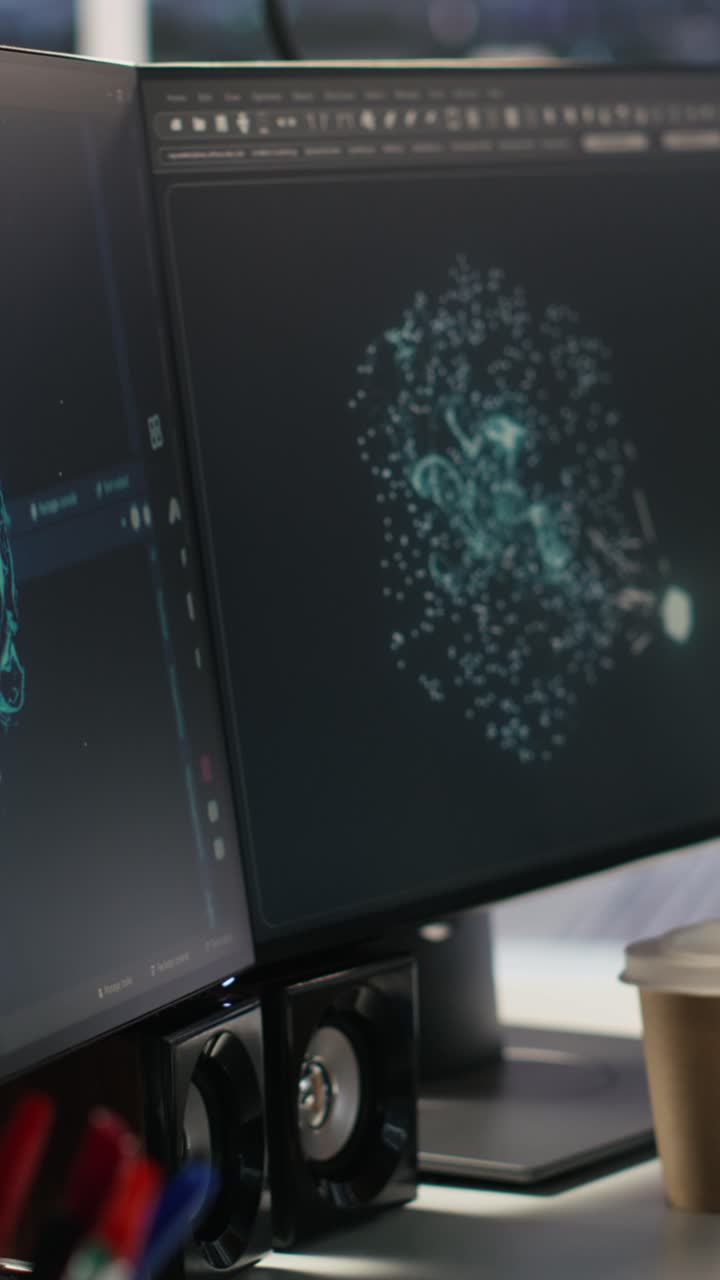 Vertical video Data center PCs showing neural network visualization and code debugging tools