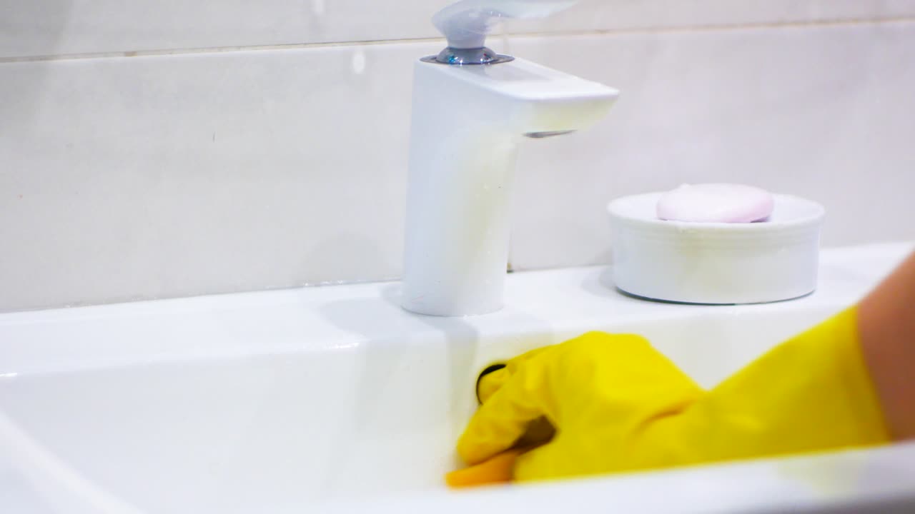 Hands of woman in yellow work gloves cleans sink and washbasin faucet with sponge and chemical detergent