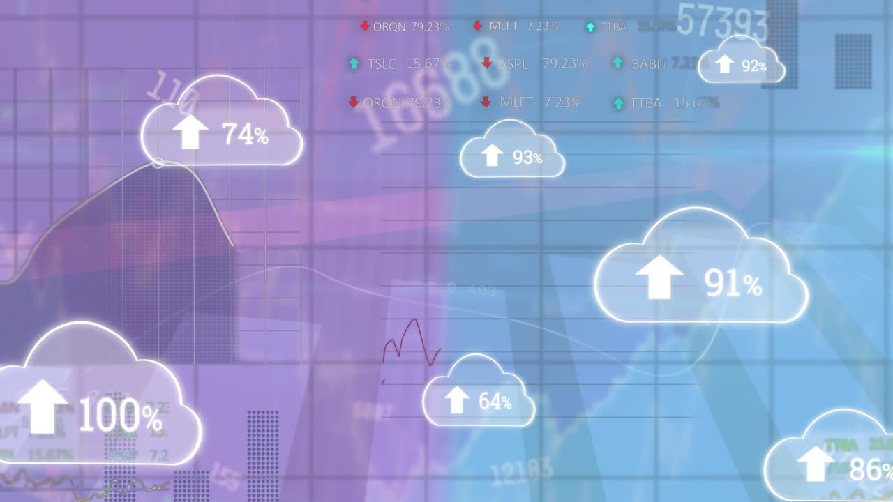 animación de múltiples iconos de nube con un porcentaje creciente contra el procesamiento de datos estadísticos.