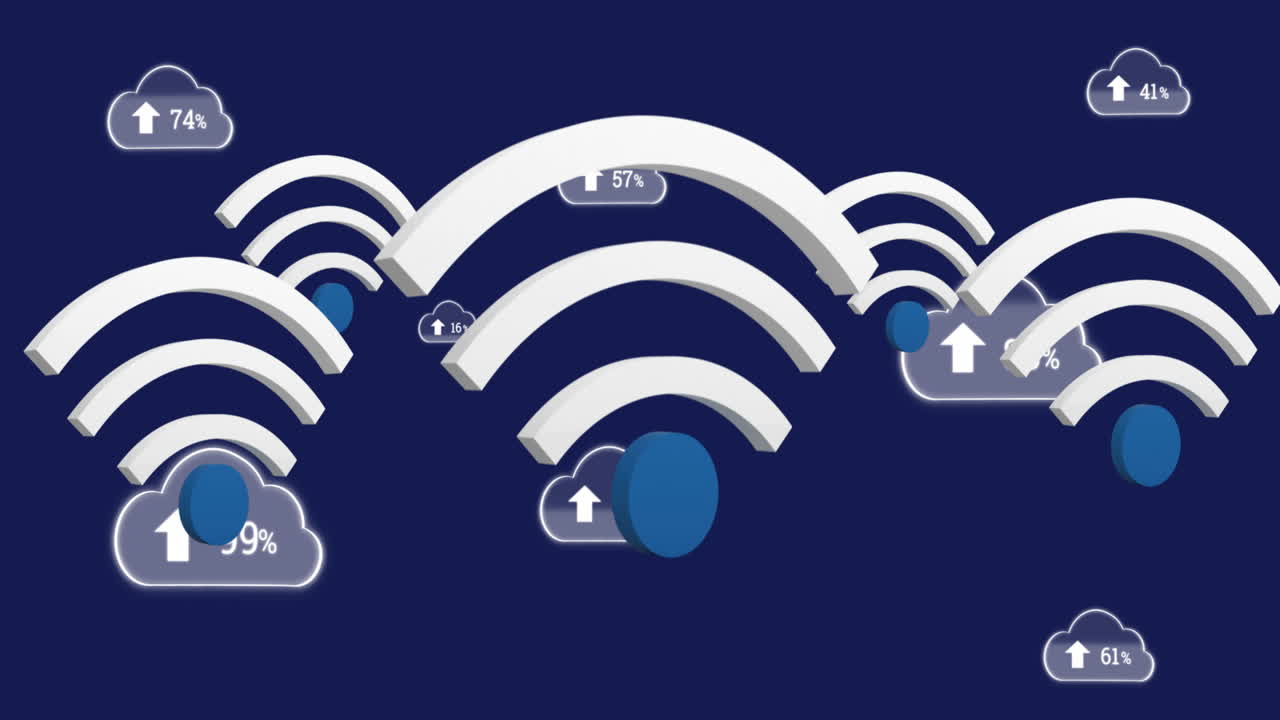 animación de iconos wifi y nubes digitales con un porcentaje creciente en fondo azul oscuro