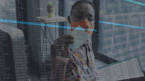 animación del procesamiento de datos financieros sobre una mujer de negocios con máscara facial que trabaja en la oficina
