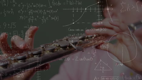 animation of mathematical formulas over girl play the flute