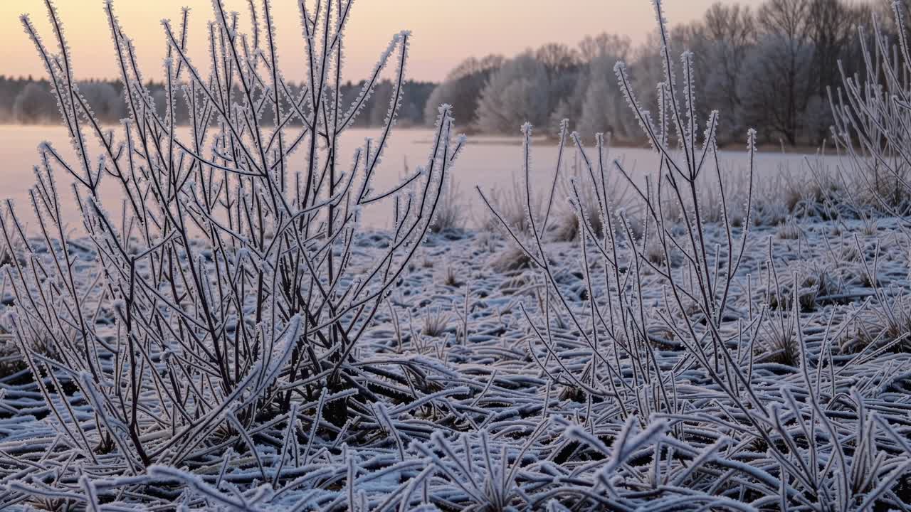 A serene winter landscape video captures frost-covered plants at ground level, with a wide-angle