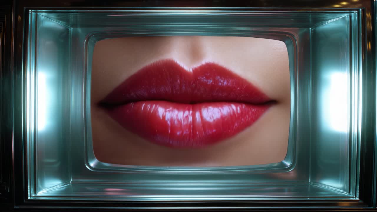 Un primo piano di labbra rosse lucide inquadrate in un ambiente high-tech, che evidenzia texture e forma con un fascino estetico moderno e un intrigante impatto visivo.